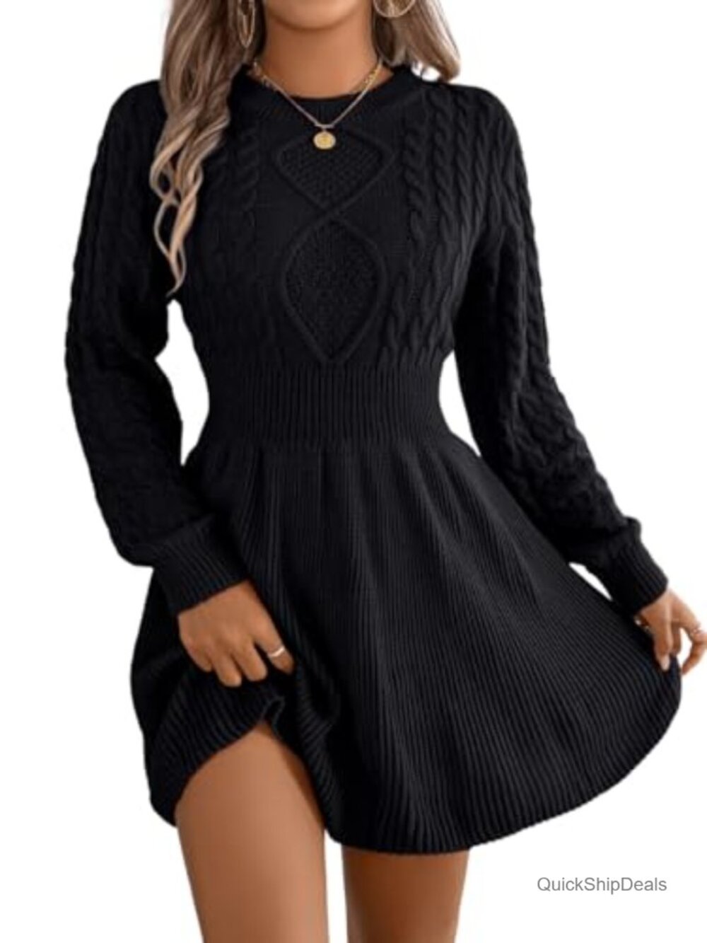 Cable Knit Short Sweater Dress Long Sleeve Crewneck Cinched Waist